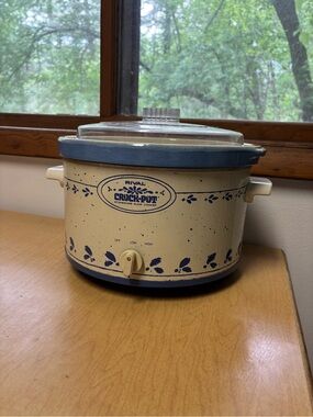 Vintage 5QT Crock-Pot Cream and Blue Stoneware Slow Cooker